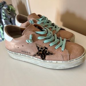 Golden Goose Hi-Star beige with leopard star and mint laces, gently pre-worn
